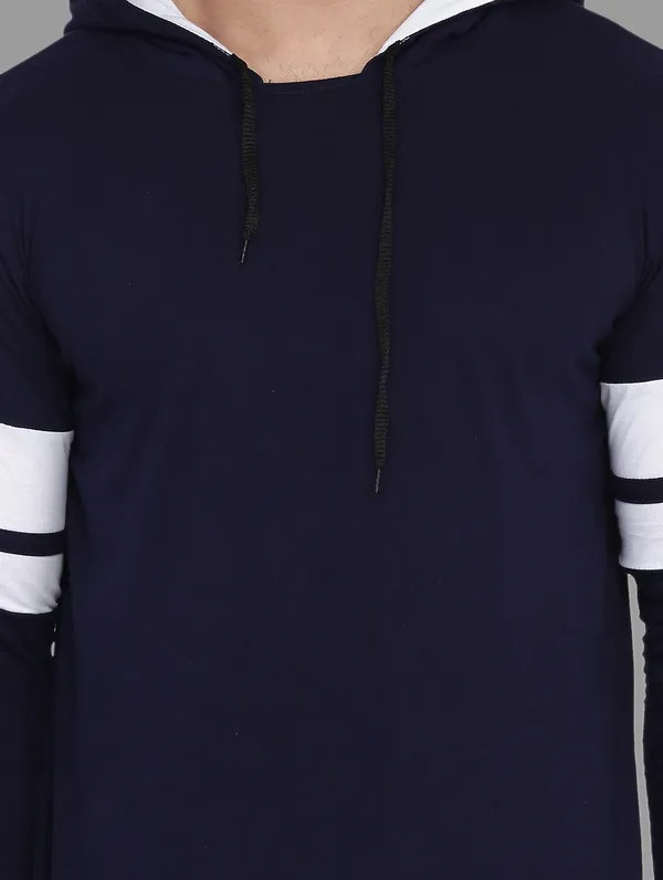 Dark_Blue_&_White_Cotton_Blend_Hooded_Neck_Full_Sleeve_T_Shirt_For_Men