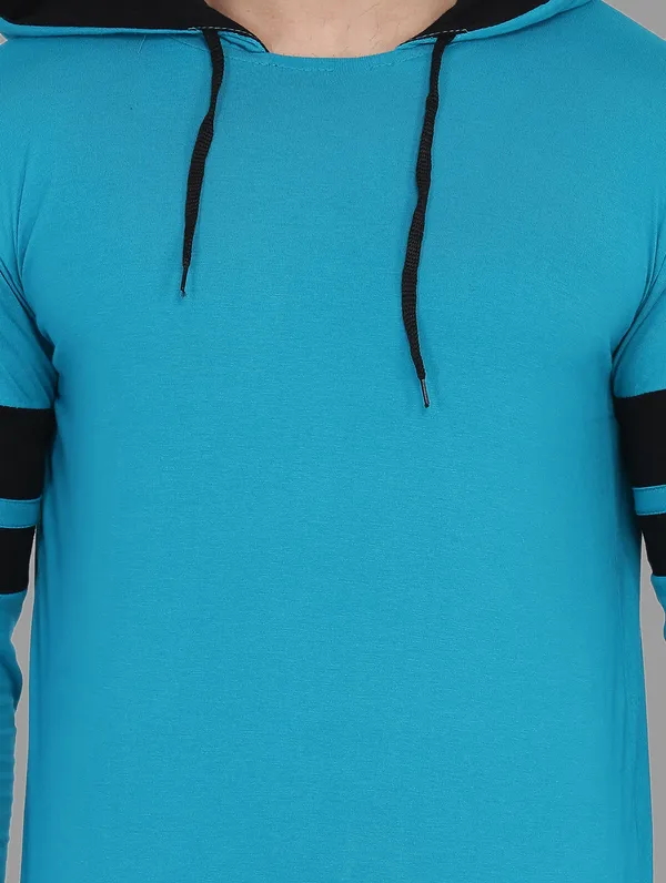 Turquoise_&_Black_Cotton_Blend_Hooded_Neck_Full_Sleeve_T_Shirt_For_Men