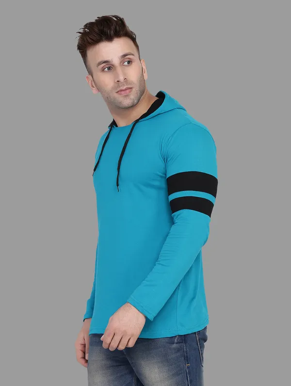 Turquoise_&_Black_Cotton_Blend_Hooded_Neck_Full_Sleeve_T_Shirt_For_Men