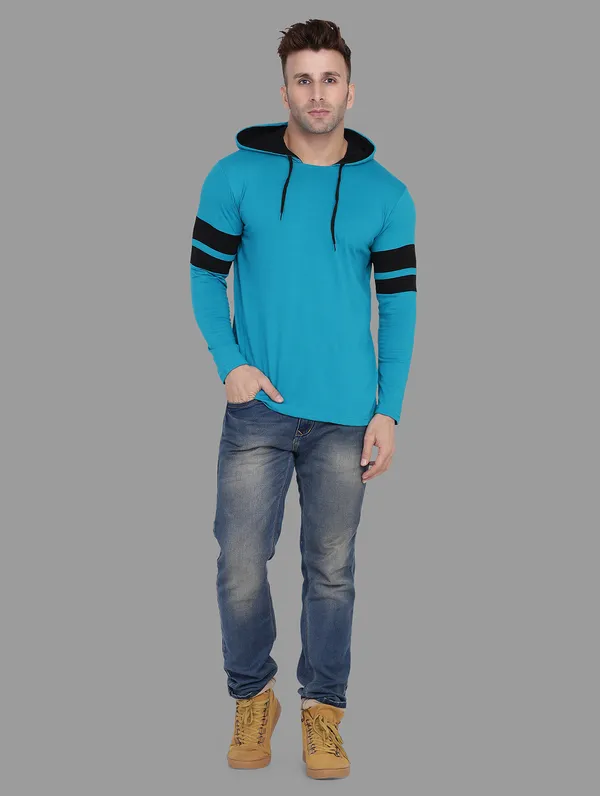 Turquoise_&_Black_Cotton_Blend_Hooded_Neck_Full_Sleeve_T_Shirt_For_Men