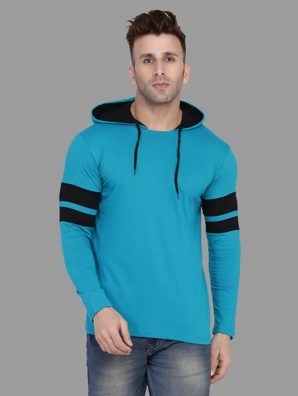 Turquoise_&_Black_Cotton_Blend_Hooded_Neck_Full_Sleeve_T_Shirt_For_Men