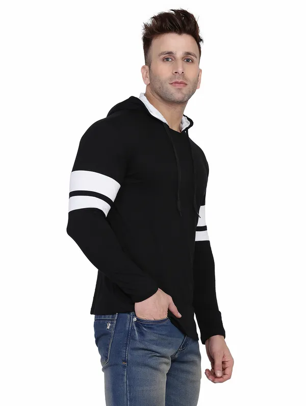 Black_&_White_Cotton_Blend_Hooded_Neck_Full_Sleeve_T_Shirt_For_Men