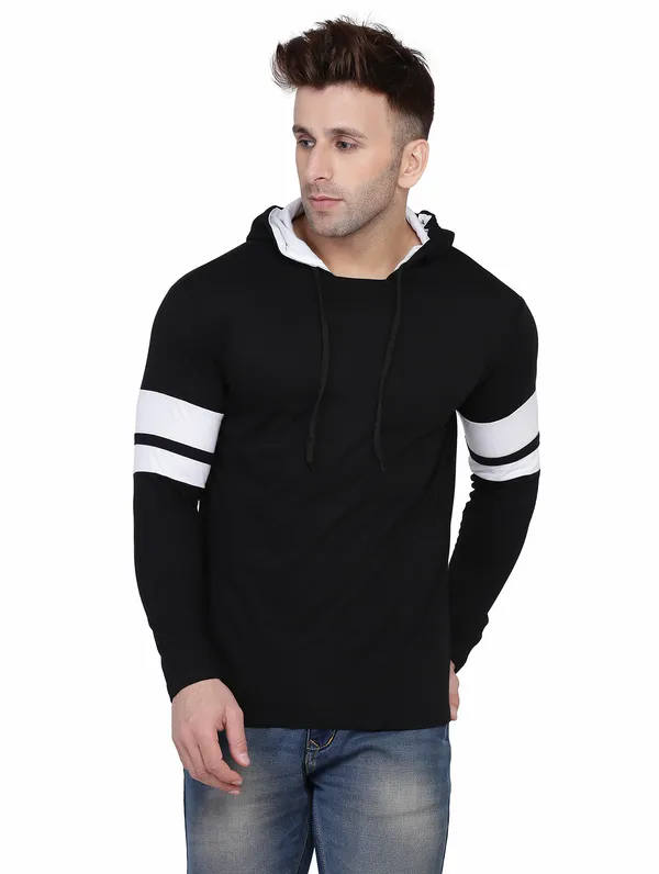 Black_&_White_Cotton_Blend_Hooded_Neck_Full_Sleeve_T_Shirt_For_Men