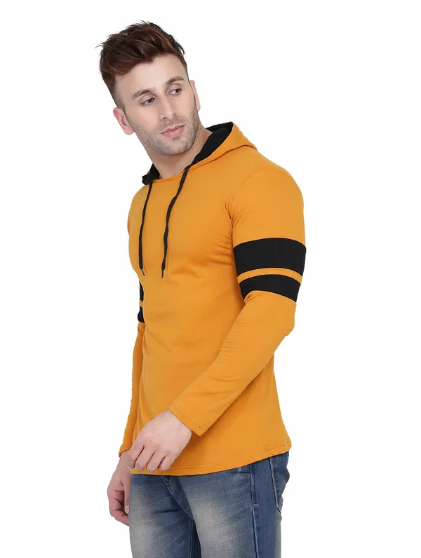 Mustard_&_Black_Cotton_Blend_Hooded_Neck_Full_Sleeve_T_Shirt_For_Men