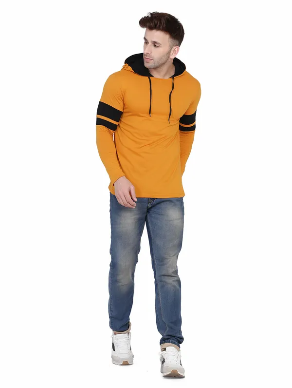 Mustard_&_Black_Cotton_Blend_Hooded_Neck_Full_Sleeve_T_Shirt_For_Men