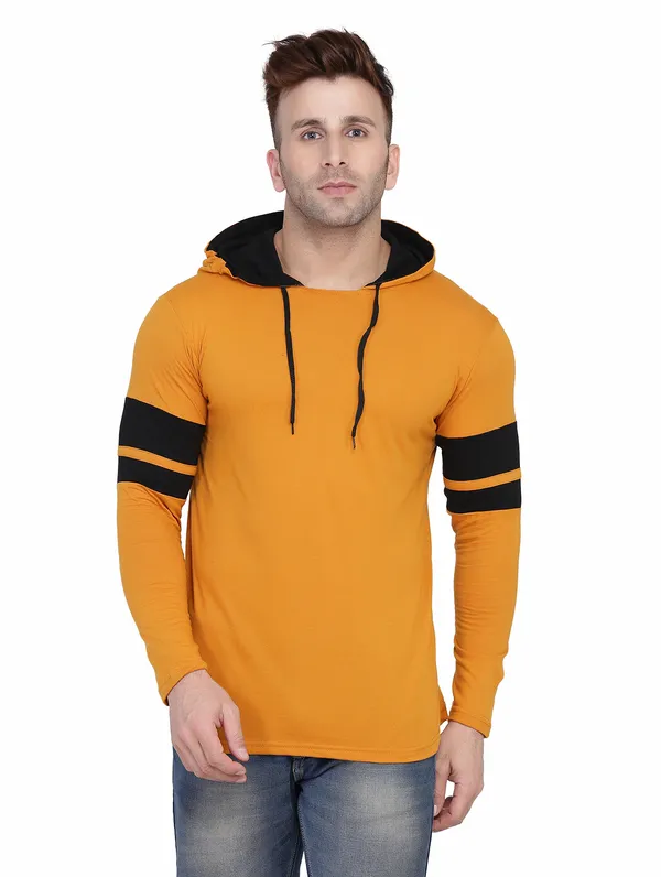 Mustard_&_Black_Cotton_Blend_Hooded_Neck_Full_Sleeve_T_Shirt_For_Men