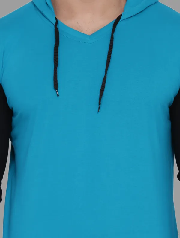 Turquoise_&_Black_Cotton_Blend_Hooded_Neck_Full_Sleeve_T_Shirt_For_Men