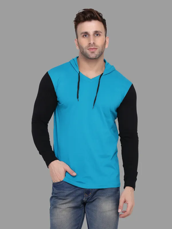 Turquoise_&_Black_Cotton_Blend_Hooded_Neck_Full_Sleeve_T_Shirt_For_Men