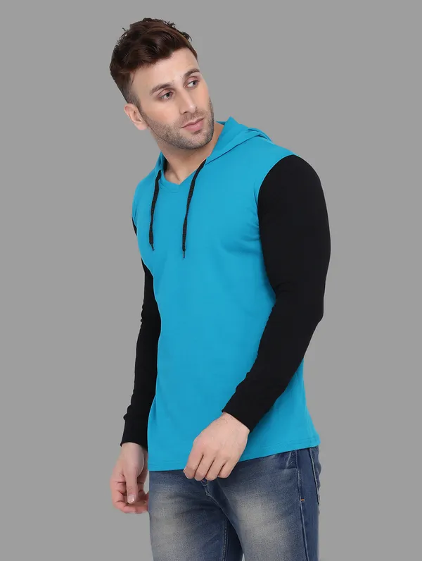 Turquoise_&_Black_Cotton_Blend_Hooded_Neck_Full_Sleeve_T_Shirt_For_Men