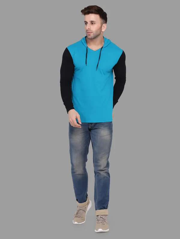 Turquoise_&_Black_Cotton_Blend_Hooded_Neck_Full_Sleeve_T_Shirt_For_Men