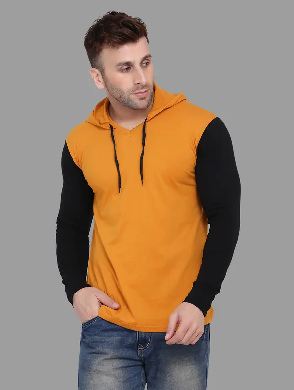 Mustard_&_Black_Cotton_Blend_Hooded_Neck_Full_Sleeve_T_Shirt_For_Men