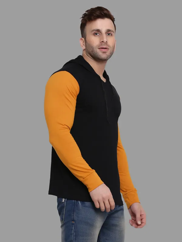 Black_&_Mustard_Cotton_Blend_Hooded_Neck_Full_Sleeve_T_Shirt_For_Men