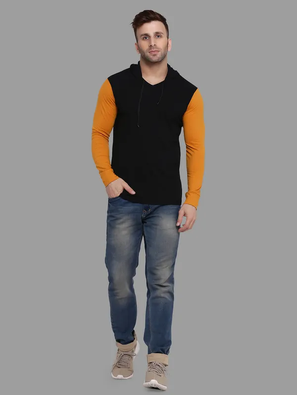 Black_&_Mustard_Cotton_Blend_Hooded_Neck_Full_Sleeve_T_Shirt_For_Men