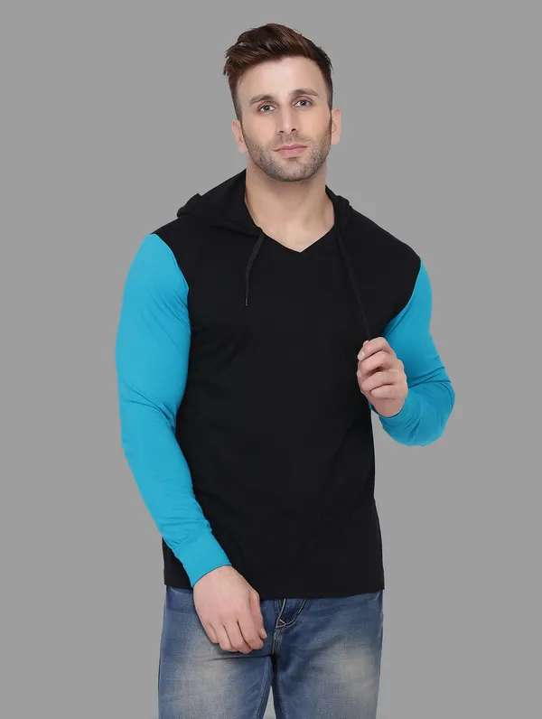 Black_&_Turquoise_Cotton_Blend_Hooded_Neck_Full_Sleeve_T_Shirt_For_Men