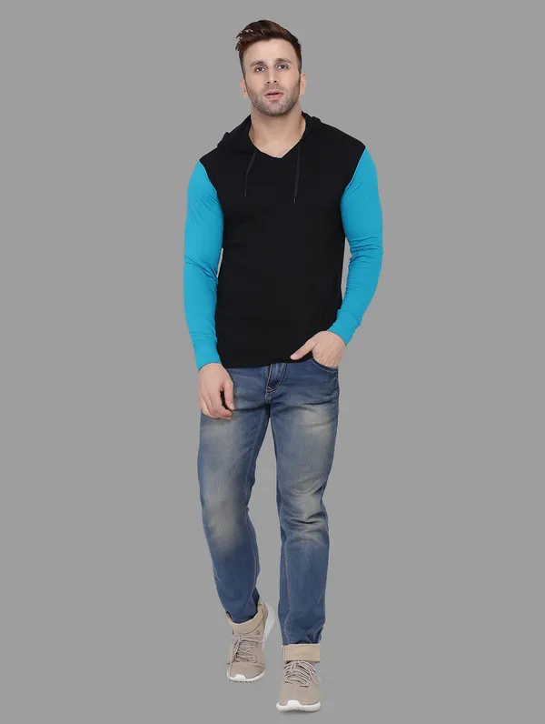 Black_&_Turquoise_Cotton_Blend_Hooded_Neck_Full_Sleeve_T_Shirt_For_Men