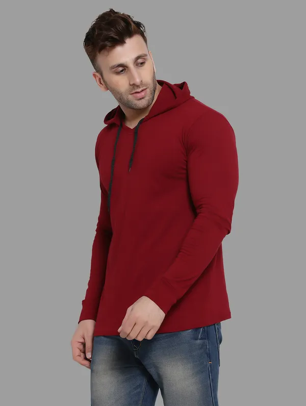 Maroon_Cotton_Blend_Hooded_Neck_Full_Sleeve_T_Shirt_For_Men