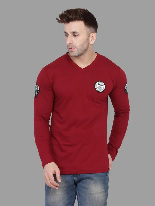 Maroon_Cotton_Blend_V_Neck_Full_Sleeve_T_Shirt_For_Men