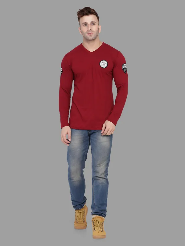 Maroon_Cotton_Blend_V_Neck_Full_Sleeve_T_Shirt_For_Men
