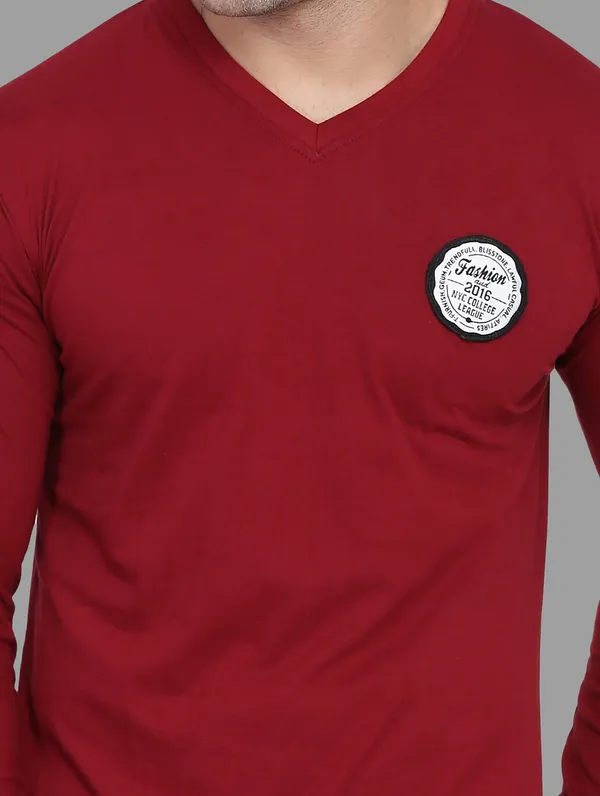 Maroon_Cotton_Blend_V_Neck_Full_Sleeve_T_Shirt_For_Men