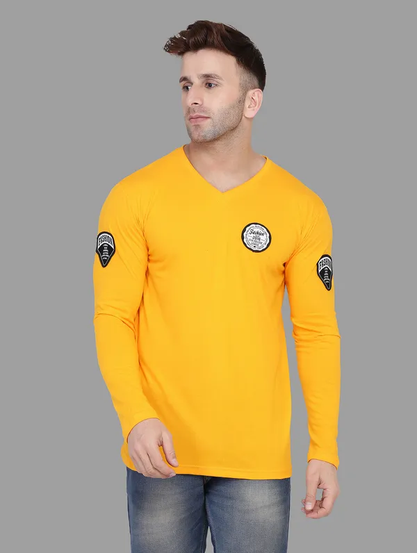 Yellow_Cotton_Blend_V_Neck_Full_Sleeve_T_Shirt_For_Men