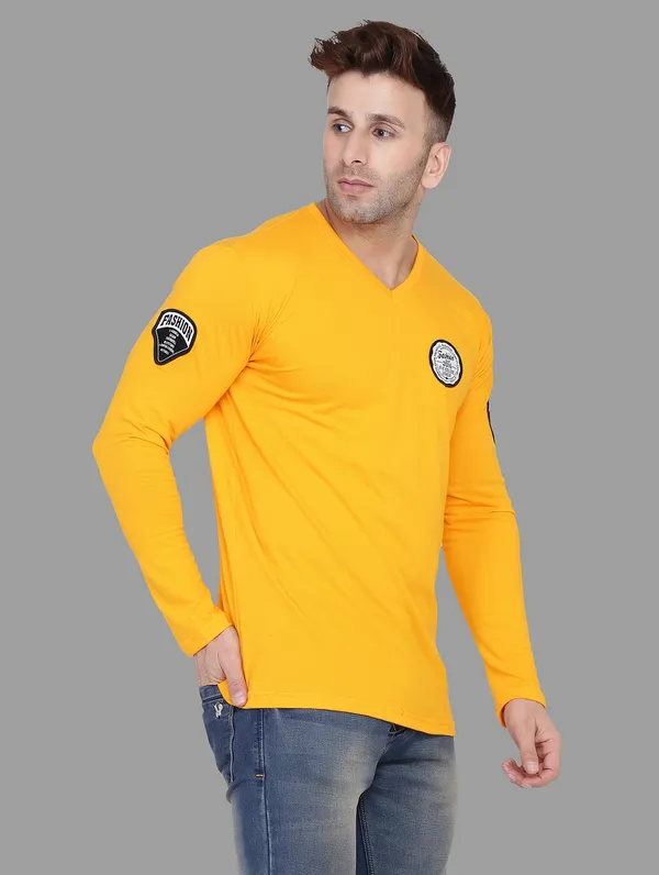 Yellow_Cotton_Blend_V_Neck_Full_Sleeve_T_Shirt_For_Men