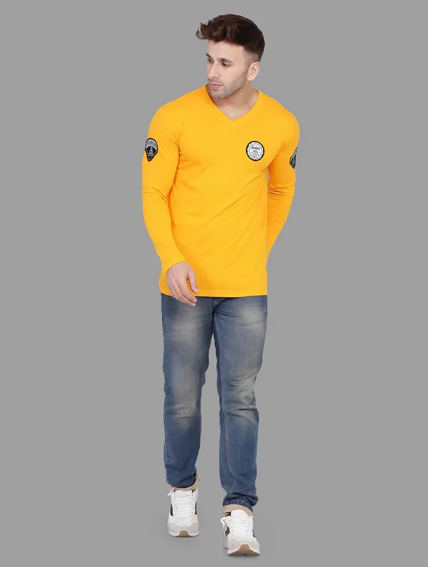 Yellow_Cotton_Blend_V_Neck_Full_Sleeve_T_Shirt_For_Men