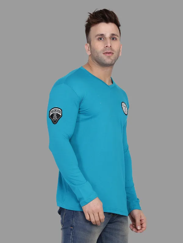Turquoise_Cotton_Blend_V_Neck_Full_Sleeve_T_Shirt_For_Men