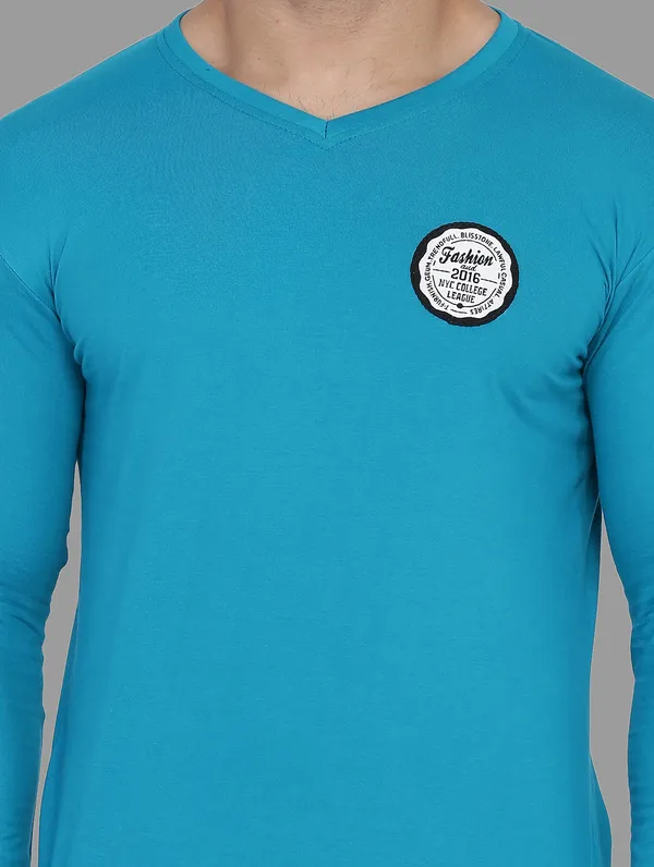Turquoise_Cotton_Blend_V_Neck_Full_Sleeve_T_Shirt_For_Men