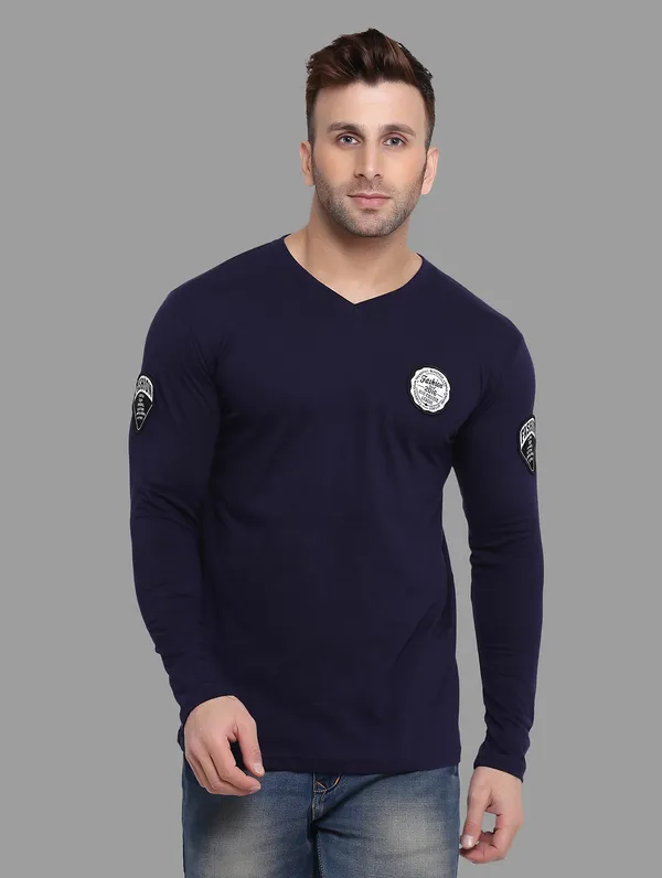 Dark_Blue_Cotton_Blend_V_Neck_Full_Sleeve_T_Shirt_For_Men