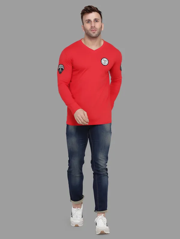 Red_Cotton_Blend_V_Neck_Full_Sleeve_T_Shirt_For_Men