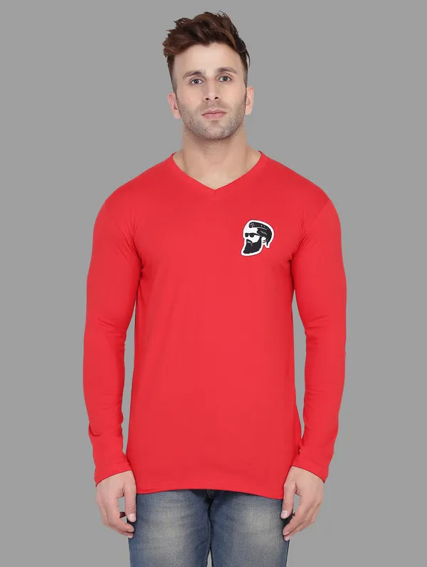 Red_Cotton_Blend_V_Neck_Full_Sleeve_T_Shirt_For_Men