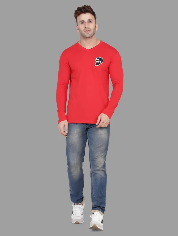 Red_Cotton_Blend_V_Neck_Full_Sleeve_T_Shirt_For_Men