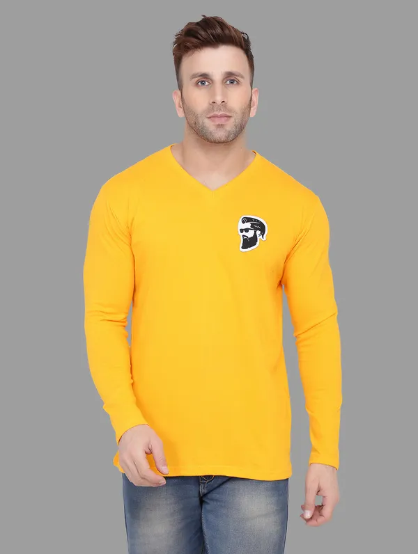 Yellow_Cotton_Blend_V_Neck_Full_Sleeve_T_Shirt_For_Men