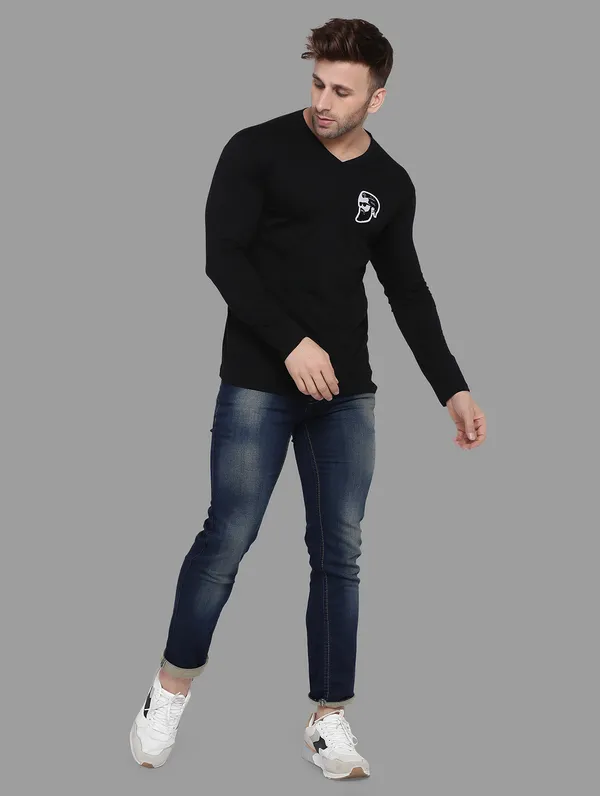 Black_Cotton_Blend_V_Neck_Full_Sleeve_T_Shirt_For_Men