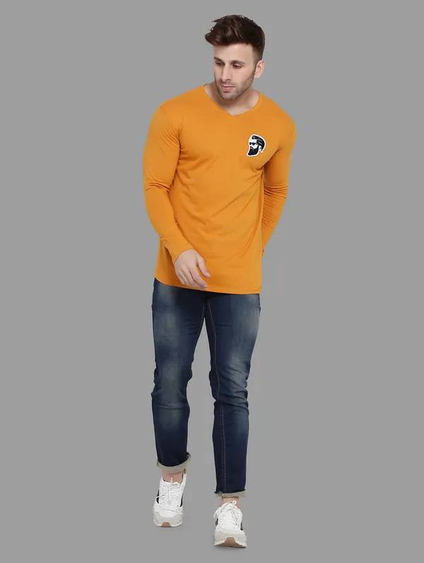 Mustard_Cotton_Blend_V_Neck_Full_Sleeve_T_Shirt_For_Men