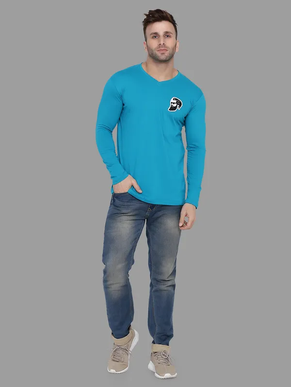 Turquoise_Cotton_Blend_V_Neck_Full_Sleeve_T_Shirt_For_Men