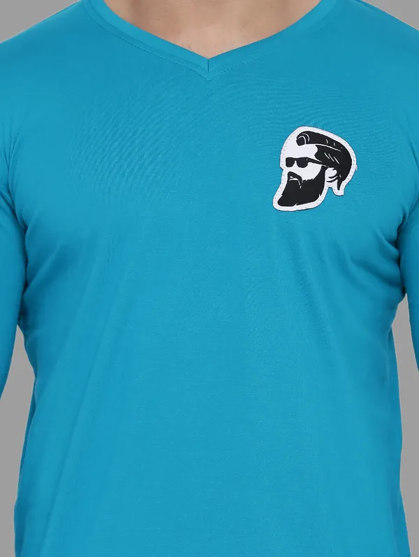 Turquoise_Cotton_Blend_V_Neck_Full_Sleeve_T_Shirt_For_Men