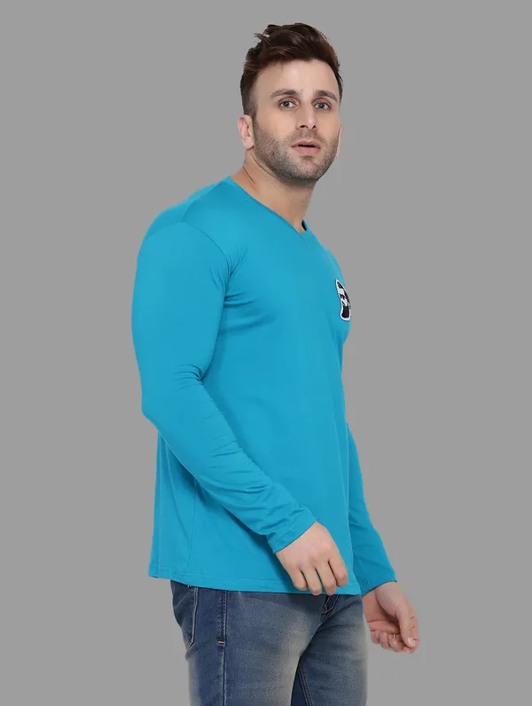 Turquoise_Cotton_Blend_V_Neck_Full_Sleeve_T_Shirt_For_Men