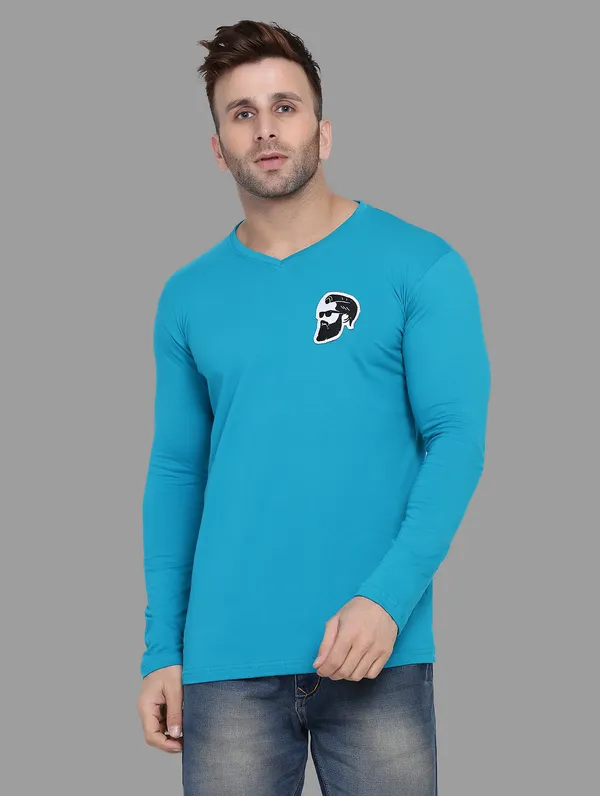 Turquoise_Cotton_Blend_V_Neck_Full_Sleeve_T_Shirt_For_Men