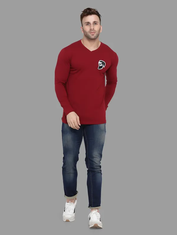 Maroon_Cotton_Blend_V_Neck_Full_Sleeve_T_Shirt_For_Men