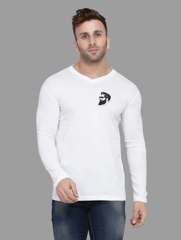 White_Cotton_Blend_V_Neck_Full_Sleeve_T_Shirt_For_Men