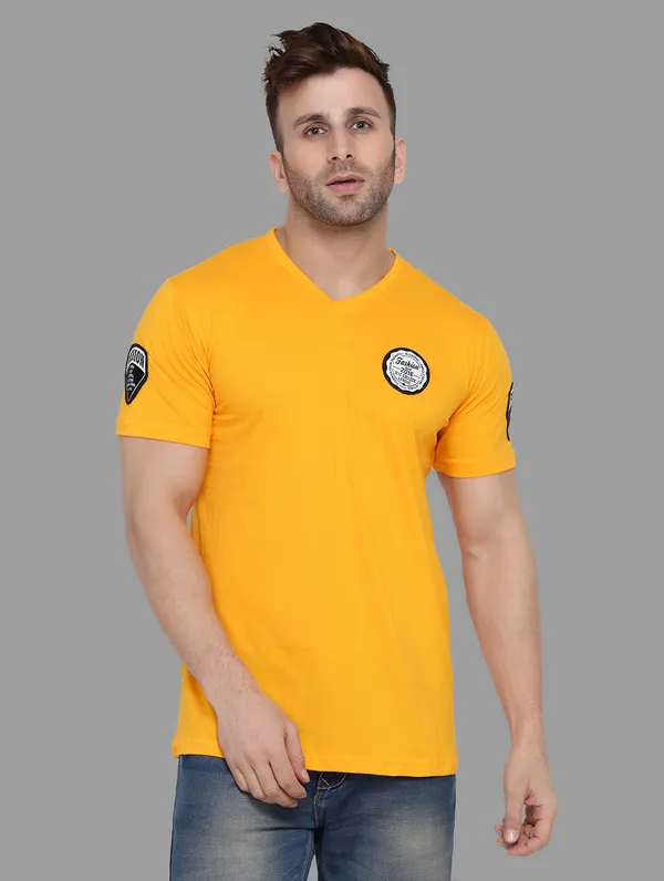 Yellow_Cotton_Blend_V_Neck_Half_Sleeve_T_Shirt_For_Men