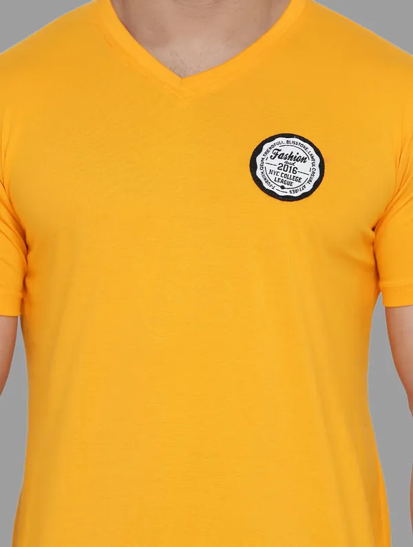 Yellow_Cotton_Blend_V_Neck_Half_Sleeve_T_Shirt_For_Men