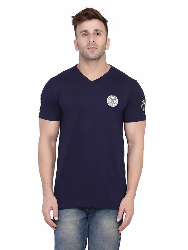 Dark_Blue_Cotton_Blend_V_Neck_Half_Sleeve_T_Shirt_For_Men