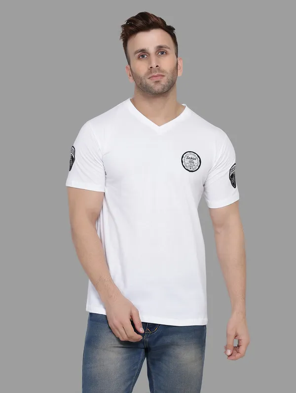 White_Cotton_Blend_V_Neck_Half_Sleeve_T_Shirt_For_Men