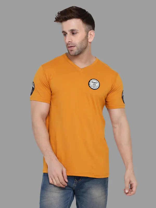 Mustard_Cotton_Blend_V_Neck_Half_Sleeve_T_Shirt_For_Men