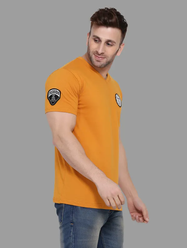 Mustard_Cotton_Blend_V_Neck_Half_Sleeve_T_Shirt_For_Men