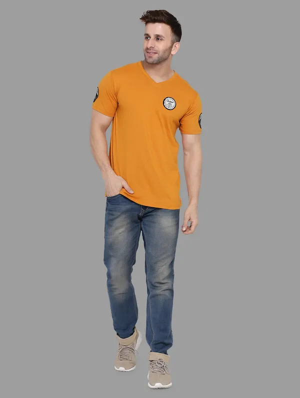 Mustard_Cotton_Blend_V_Neck_Half_Sleeve_T_Shirt_For_Men