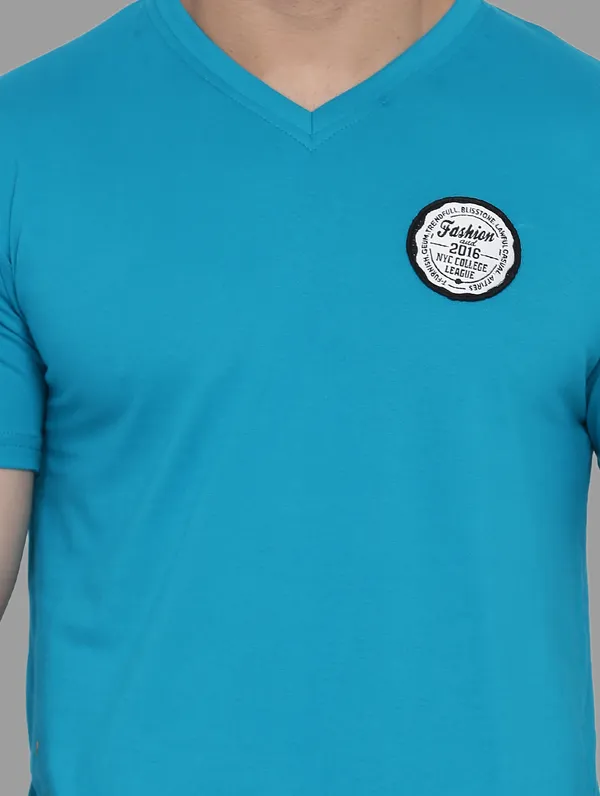 Turquoise_Cotton_Blend_V_Neck_Half_Sleeve_T_Shirt_For_Men