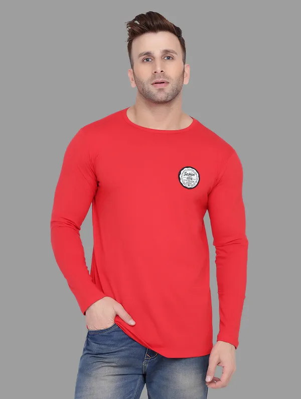 Red_Cotton_Blend_Round_Neck_Full_Sleeve_T_Shirt_For_Men